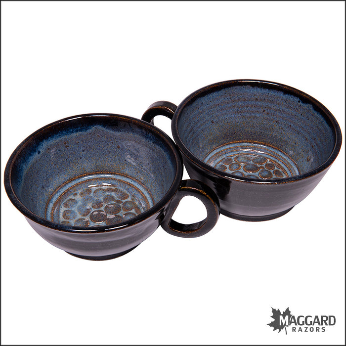 Heather Wright 2023-001 Black, Blue, and Brown Handmade Ceramic Lather Bowl with Mug Handle