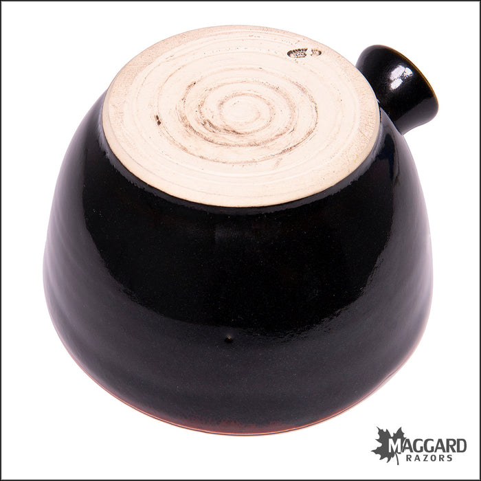 Heather Wright 2023-010 Black and Crimson Handmade Ceramic Lather Bowl with Thumb Handle