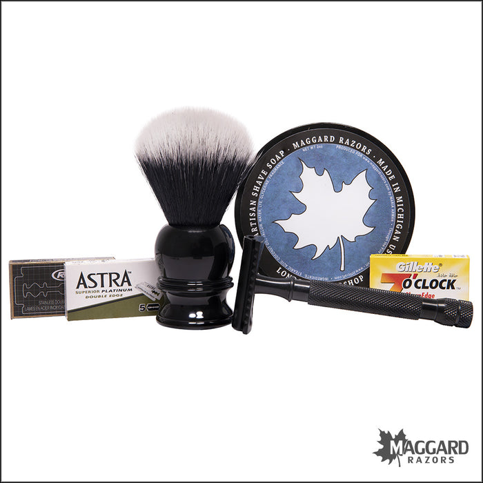 Maggard Razors BLACK Series: Basic Wet Shaving Starter Kit with Black Anodized Razor