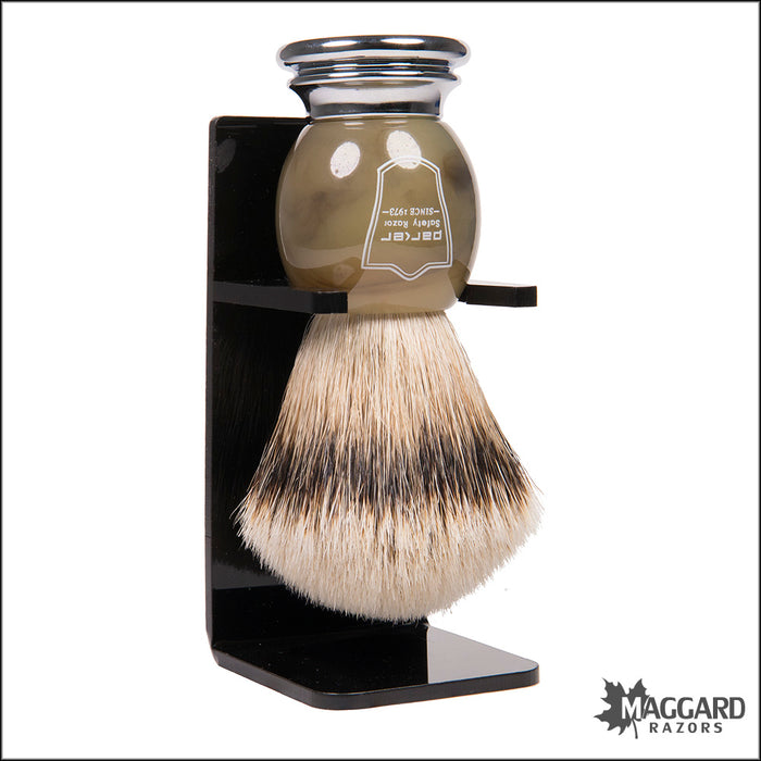Parker HHST Faux Horn Handle Silver Tip Shaving Brush with Stand, 22mm