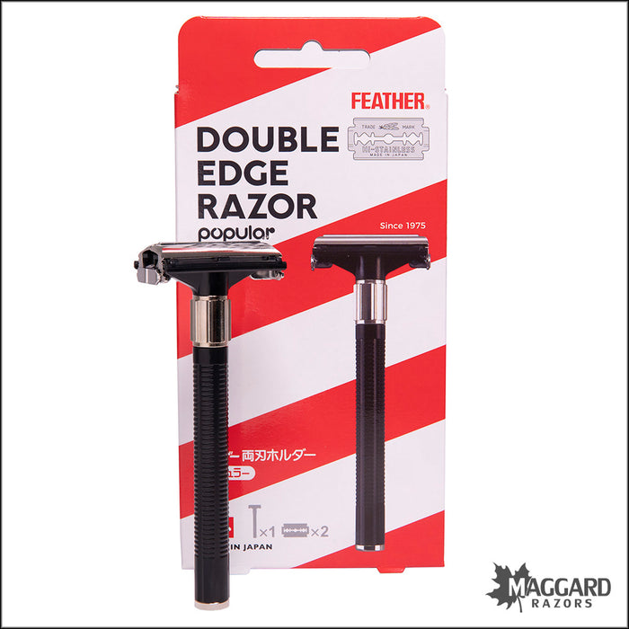 Feather Popular FH-H Twist to Open Double Edge Safety Razor, Black Handle