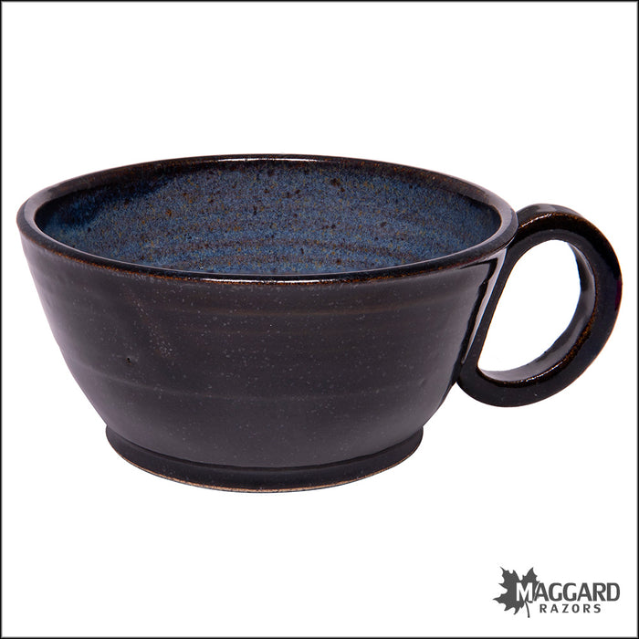 Heather Wright 2023-001 Black, Blue, and Brown Handmade Ceramic Lather Bowl with Mug Handle