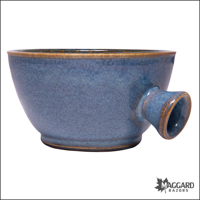 Heather Wright 2023-011 Blue and Tan Handmade Ceramic Lather Bowl with Thumb Handle