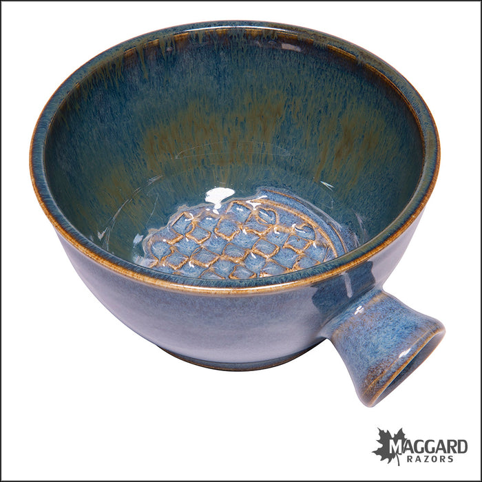 Heather Wright 2023-011 Blue and Tan Handmade Ceramic Lather Bowl with Thumb Handle