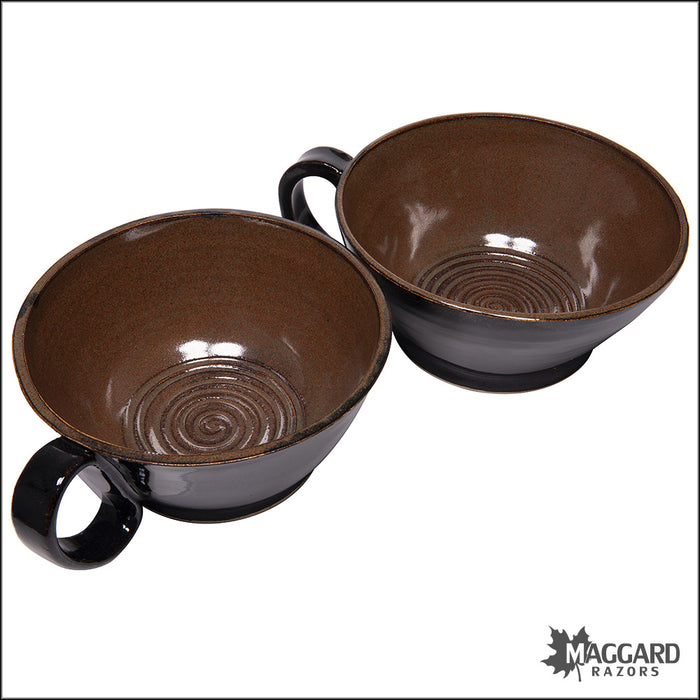 Heather Wright 2024-002 Black and Brown Handmade Ceramic Lather Bowl with Mug Handle