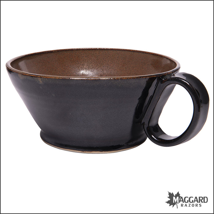 Heather Wright 2024-002 Black and Brown Handmade Ceramic Lather Bowl with Mug Handle