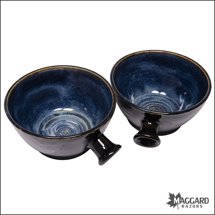 Heather Wright 2024-003 Black and Blue Handmade Ceramic Lather Bowl with Thumb Handle
