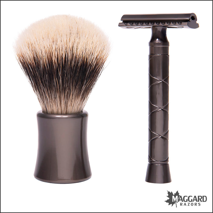 Maggard Razors Gift Set - Complete Brush and Razor Set with 2 Band Badger Brush, MR14 Aluminum Handle with V3 Head