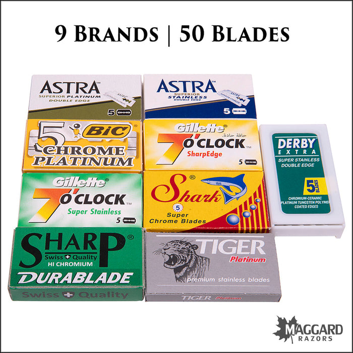 Branded Razorblade Double Edge Razor Blade Sampler 9 Brands, 50 Blades — Maggard Razors