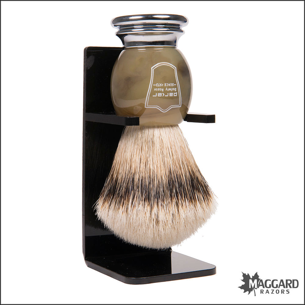 Parker HHST Faux Horn Handle Silver Tip Shaving Brush with Stand