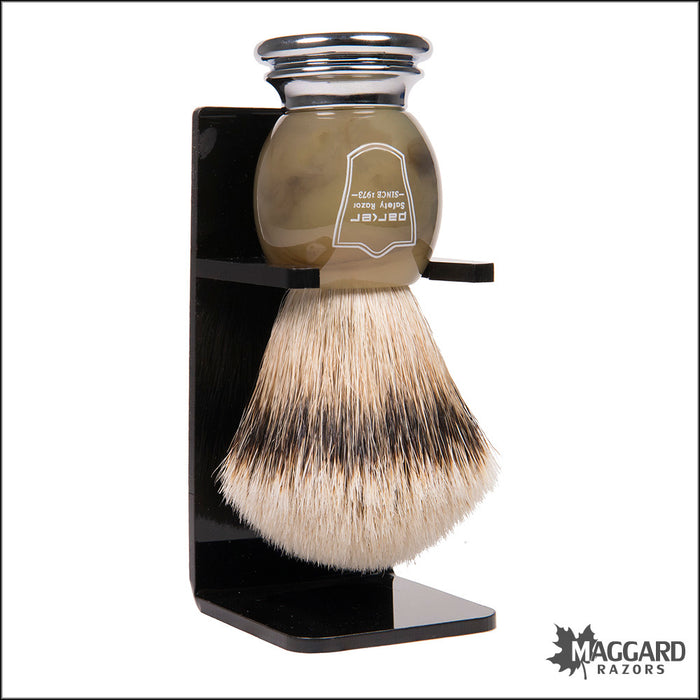 Parker HHST Faux Horn Handle Silver Tip Shaving Brush with Stand, 22mm