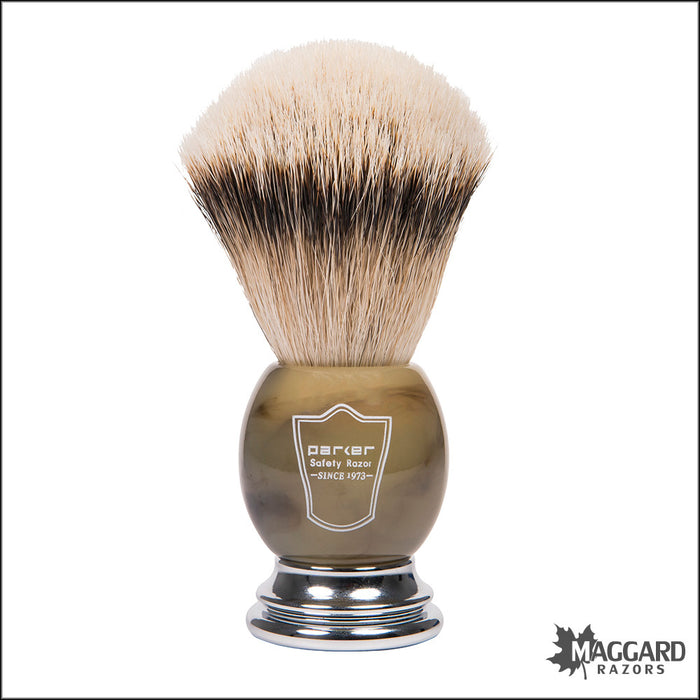 Parker HHST Faux Horn Handle Silver Tip Shaving Brush with Stand, 22mm