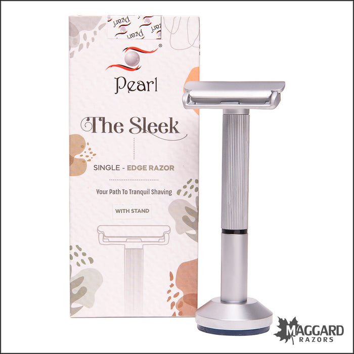 Pearl Shaving The Sleek Single Edge Safety Razor with Razor Stand and 20 Blades - Satin Finish