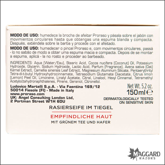 Proraso Green Tea and Oat Shaving Soap for Sensitive Skin, 5.2oz