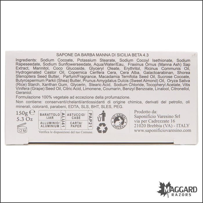 Saponificio Varesino Manna Di Sicilia Shaving Soap, 150g - Special Edition - Beta 4.3