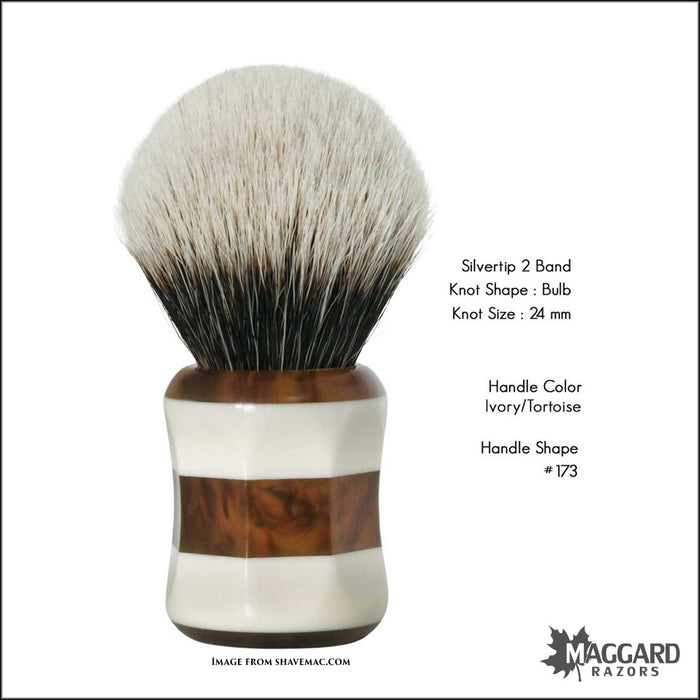 Shavemac 173-818-362-2B Ivory and Tortoise Handle Silvertip 2-Band Badger Shaving Brush, 24mm Bulb