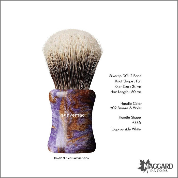 Shavemac 386-002-D01-2B-F Violet and Bronze Handle Silvertip D01 2-Band Badger Shaving Brush, 24mm Fan