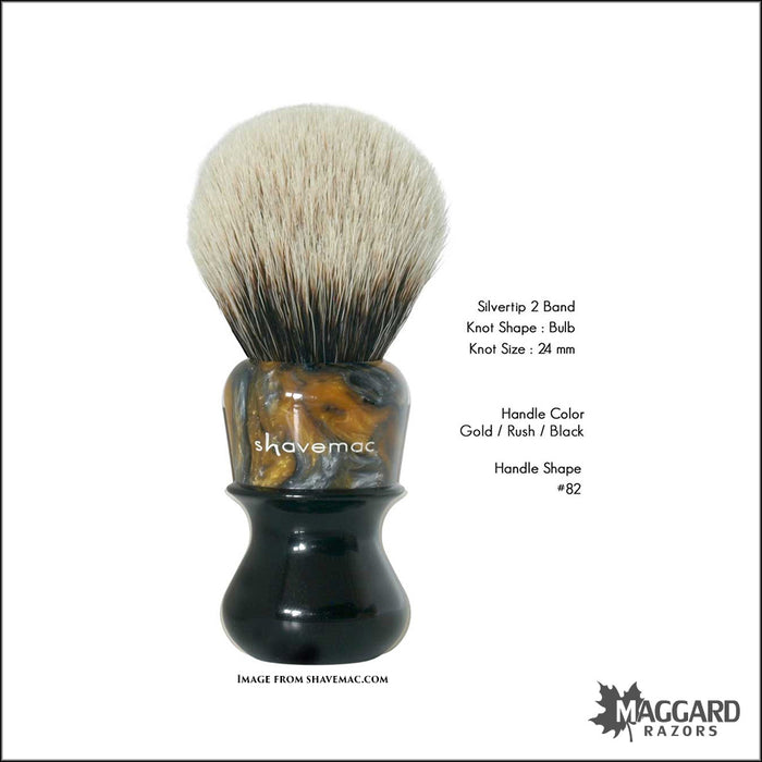 Shavemac 82-111-340-ST-B Gold Rush Black Handle Silvertip 2-Band Badger Shaving Brush, 24mm Bulb