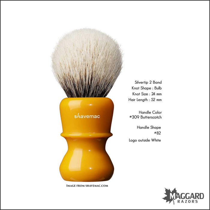 Shavemac 82-309-2B-B Butterscotch Handle Silvertip 2-Band Badger Shaving Brush, 24mm Bulb