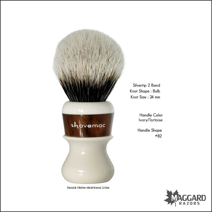 Shavemac 82-818-362-2B Ivory and Tortoise Handle Silvertip 2-Band Badger Shaving Brush, 24mm Bulb