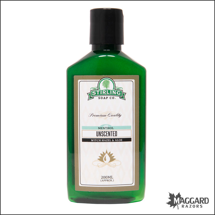 Stirling Soap Co. Unscented Witch Hazel and Aloe Aftershave, 200ml with Menthol