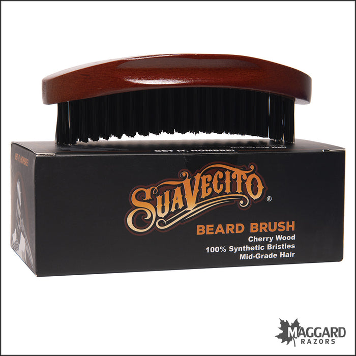 Suavecito Beard Brush - Cherry Wood Finish Synthetic Beard Brush, with Drawstring Bag
