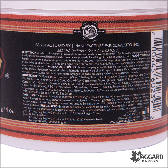 Suavecito Clay Pomade, Firm Hold, Low Shine - 4oz