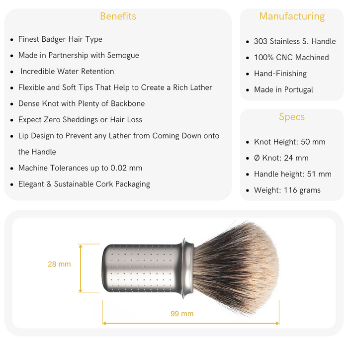 Tatara Razors Masamune Matte Stainless Steel Finest Badger Shaving Brush, 24mm