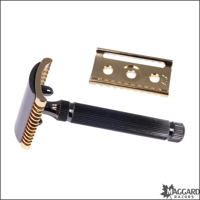 Fatip-Piccolo-Special-Edition-Black-and-Gold-DE-Safety-Razor-with-Open-Comb-and-Closed-Comb-Heads-3