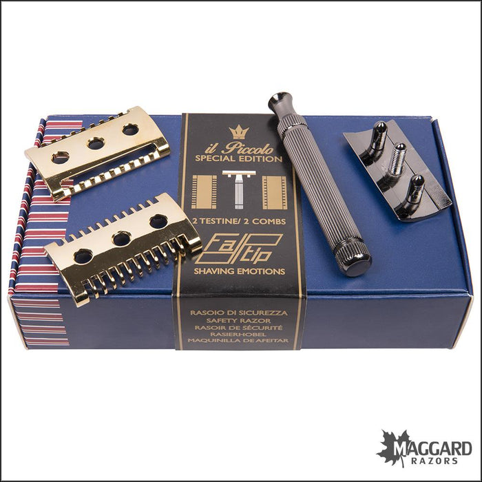 Fatip-Piccolo-Special-Edition-Black-and-Gold-DE-Safety-Razor-with-Open-Comb-and-Closed-Comb-Heads-4