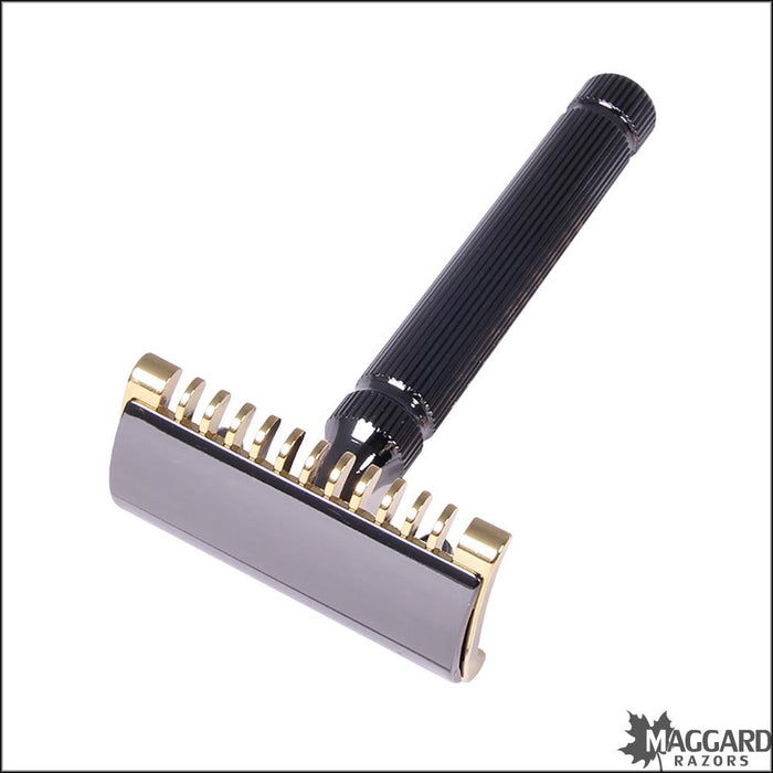 Fatip-Piccolo-Special-Edition-Black-and-Gold-DE-Safety-Razor-with-Open-Comb-and-Closed-Comb-Heads