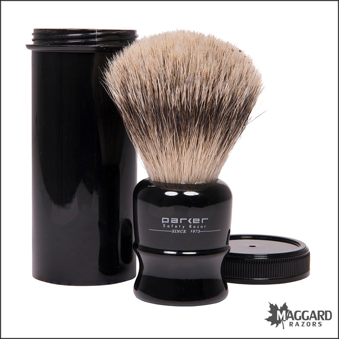 Parker TRAVBHST Black Silvertip Badger Shaving Brush with Travel Container, 19mm