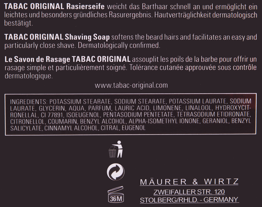 Tabac Original Shaving Soap in Ceramic Bowl, 4.4oz